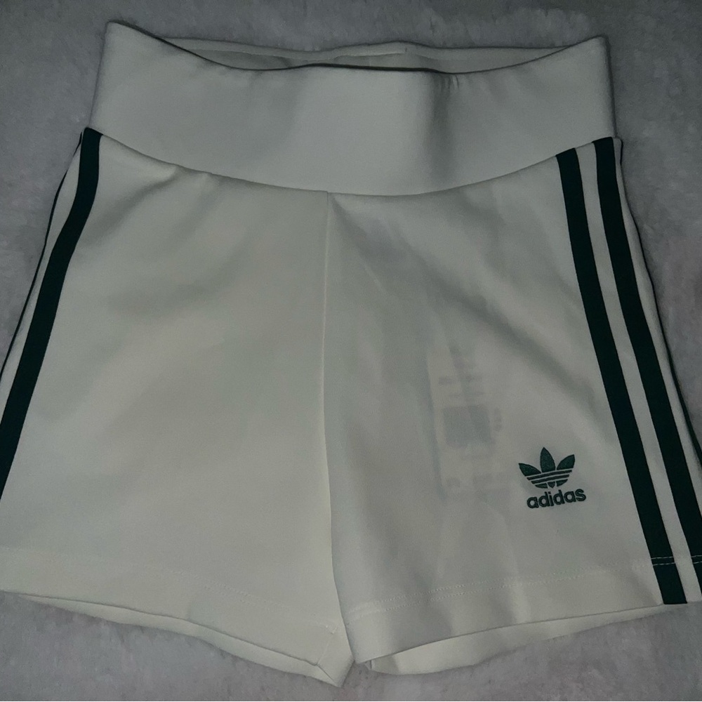 Adidas Women's Athletic Shorts in White with Dark Green Stripes